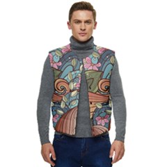 Multicolored Flower Decor Flowers Patterns Leaves Colorful Men s Short Button Up Puffer Vest	