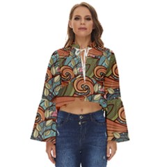 Multicolored Flower Decor Flowers Patterns Leaves Colorful Boho Long Bell Sleeve Top