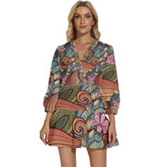 Multicolored Flower Decor Flowers Patterns Leaves Colorful V-neck Placket Mini Dress by B30l