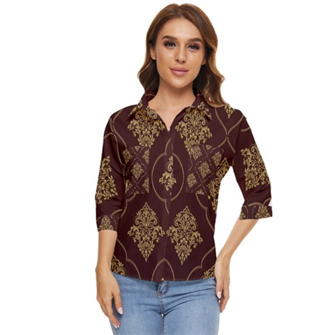 Vector Gold Ornament Pattern Seamless Damask Women s Quarter Sleeve Pocket Shirt by danenraven