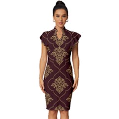 Vector Gold Ornament Pattern Seamless Damask Vintage Frill Sleeve V-neck Bodycon Dress by danenraven