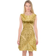 Damas Pattern Vector Texture Gold Ornament With Seamless Capsleeve Midi Dress