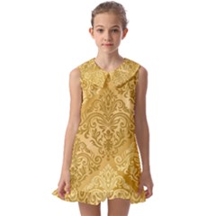 Damas Pattern Vector Texture Gold Ornament With Seamless Kids  Pilgrim Collar Ruffle Hem Dress by danenraven