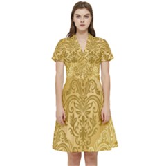 Damas Pattern Vector Texture Gold Ornament With Seamless Short Sleeve Waist Detail Dress by danenraven