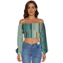 Gold Pattern Texture Golden Ornament Long Sleeve Crinkled Weave Crop Top