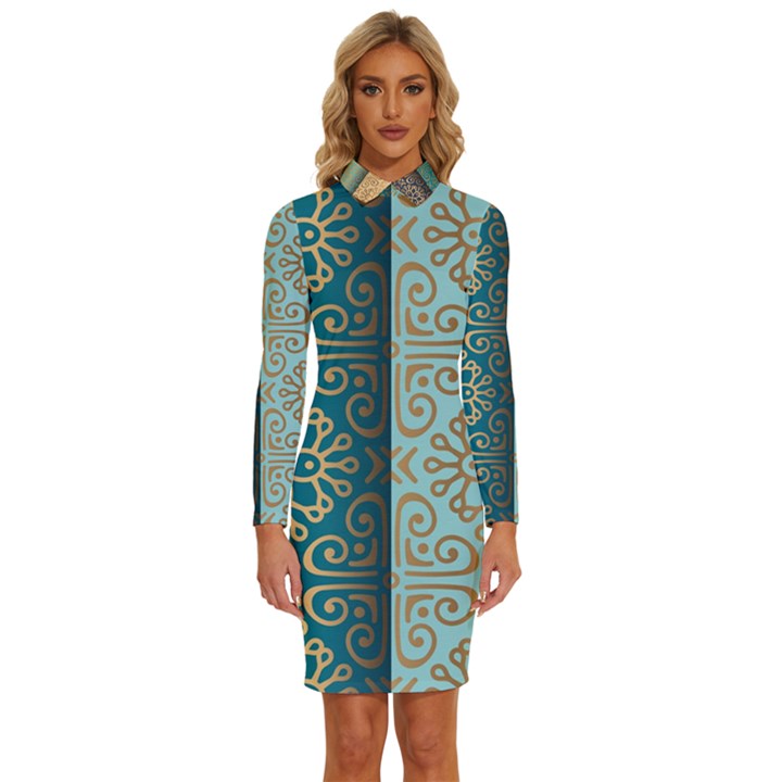 Gold Pattern Texture Golden Ornament Long Sleeve Shirt Collar Bodycon Dress