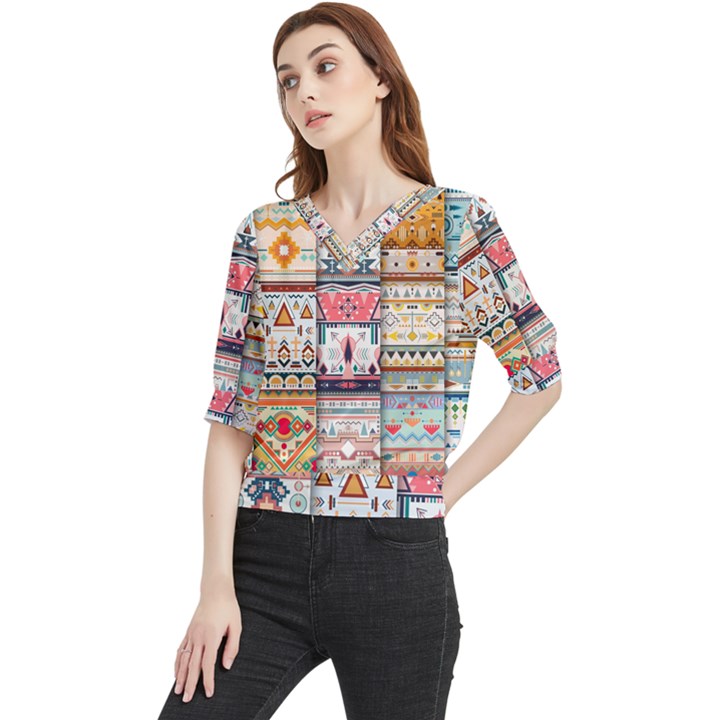 Pattern Texture Multi Colored Variation Quarter Sleeve Blouse