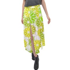 Flowers Green Texture With Pattern Leaves Shape Seamless Velour Split Maxi Skirt