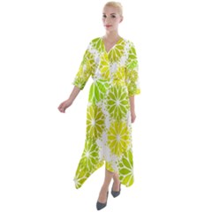 Flowers Green Texture With Pattern Leaves Shape Seamless Quarter Sleeve Wrap Front Maxi Dress