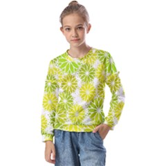 Flowers Green Texture With Pattern Leaves Shape Seamless Kids  Long Sleeve Tee with Frill 