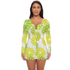 Flowers Green Texture With Pattern Leaves Shape Seamless Long Sleeve Boyleg Swimsuit