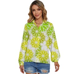 Flowers Green Texture With Pattern Leaves Shape Seamless Women s Long Sleeve Button Up Shirt