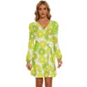 Flowers Green Texture With Pattern Leaves Shape Seamless Long Sleeve Waist Tie Ruffle Velvet Dress View1