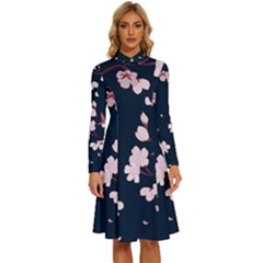 Flowers Texture Textured Pattern Long Sleeve Shirt Collar A-line Dress