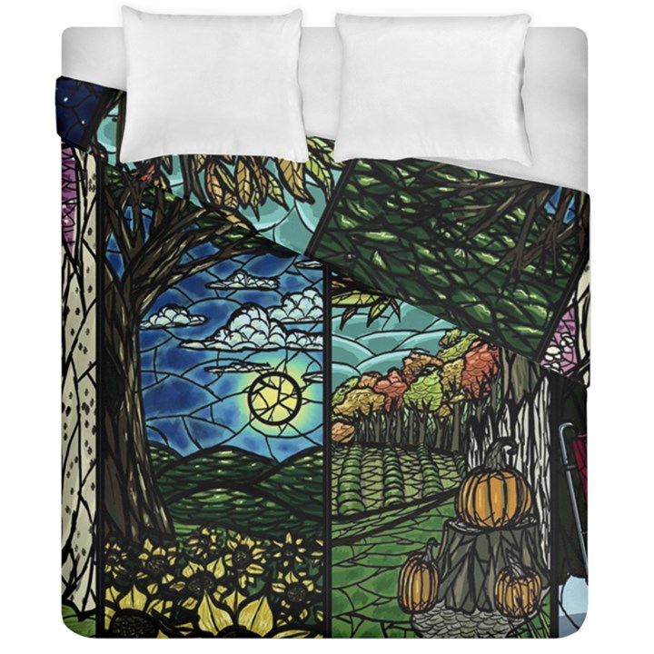 Four Assorted Illustrations Collage Winter Autumn Summer Picture Duvet Cover Double Side (California King Size)