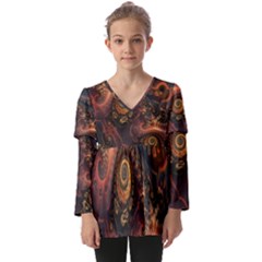 Paisley Abstract Fabric Pattern Floral Art Design Flower Kids  V Neck Casual Top by danenraven