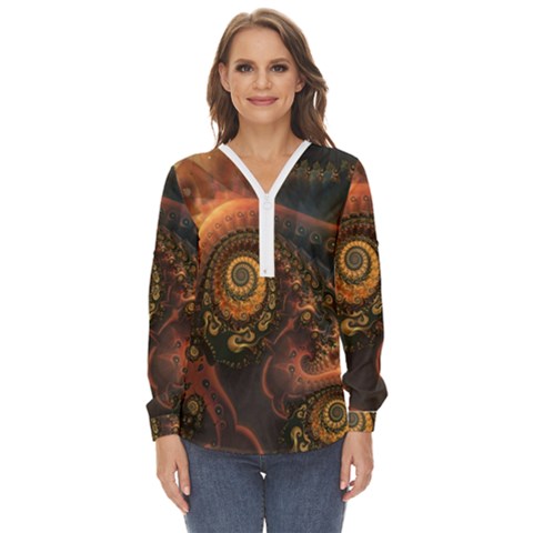 Paisley Abstract Fabric Pattern Floral Art Design Flower Zip Up Long Sleeve Blouse by danenraven