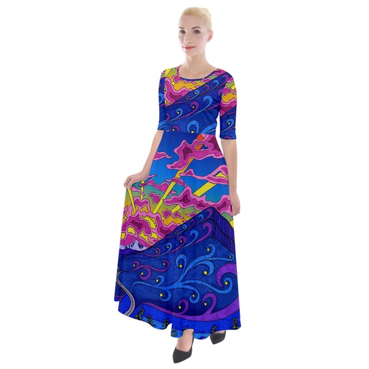 Abstract Paisley Art Pattern Design Fabric Floral Decoration Half Sleeves Maxi Dress