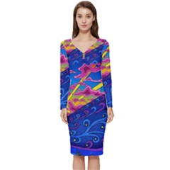 Abstract Paisley Art Pattern Design Fabric Floral Decoration Long Sleeve V-neck Bodycon Dress 