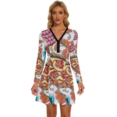 Flowers Pattern Texture White Background Paisley Long Sleeve Deep V Mini Dress 