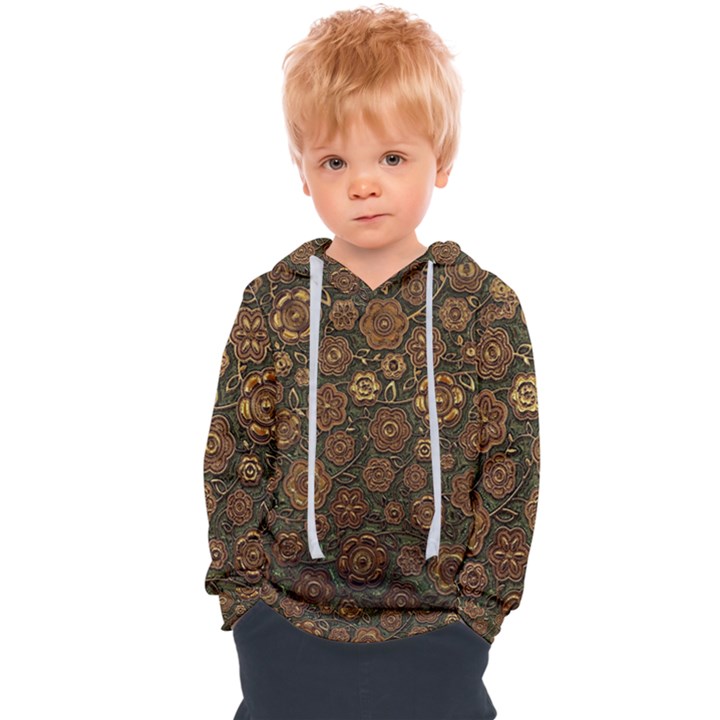 Brown And Green Floral Print Textile Ornament Pattern Texture Kids  Overhead Hoodie