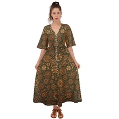 Brown And Green Floral Print Textile Ornament Pattern Texture Kimono Sleeve Boho Dress