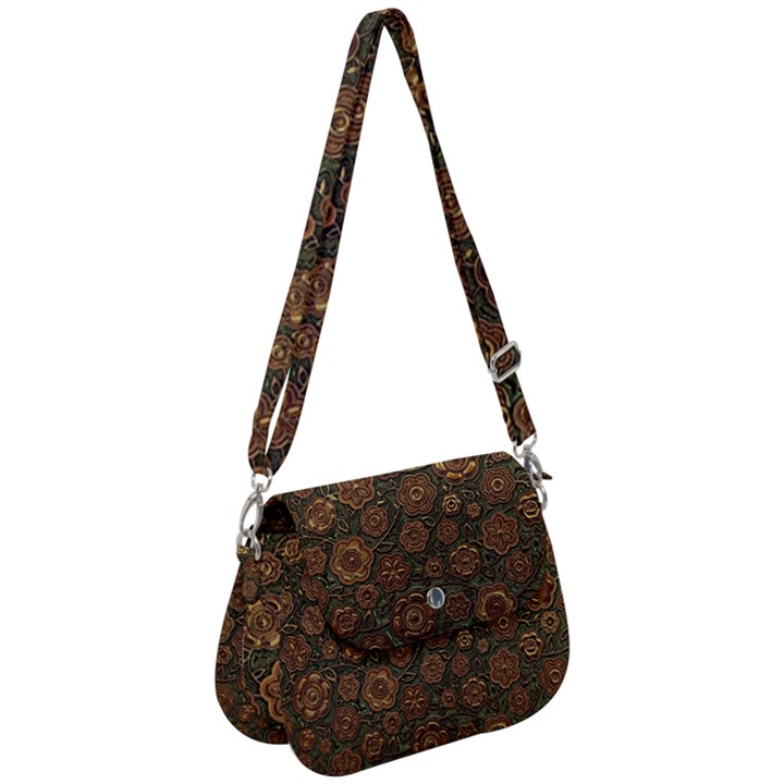 Brown And Green Floral Print Textile Ornament Pattern Texture Saddle Handbag