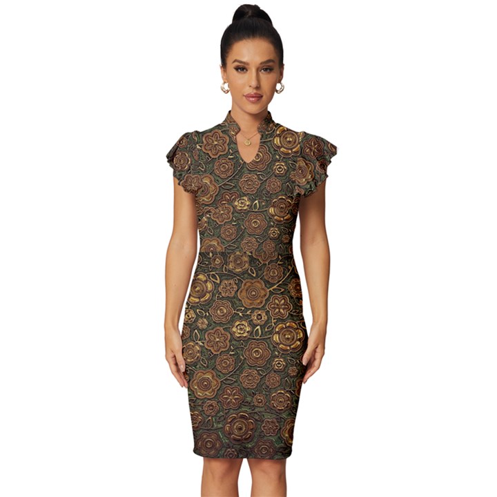 Brown And Green Floral Print Textile Ornament Pattern Texture Vintage Frill Sleeve V-Neck Bodycon Dress