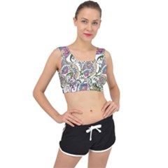 Flowers Pattern Texture White Background Design Floral V-back Sports Bra by danenraven