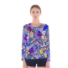 Blue Yellow Background Pattern Vector Texture Paisley Women s Long Sleeve Tee