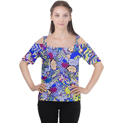 Blue Yellow Background Pattern Vector Texture Paisley Cutout Shoulder Tee by danenraven