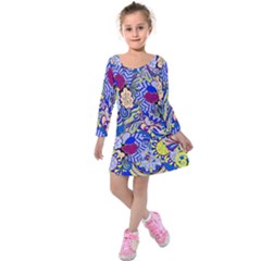 Blue Yellow Background Pattern Vector Texture Paisley Kids  Long Sleeve Velvet Dress