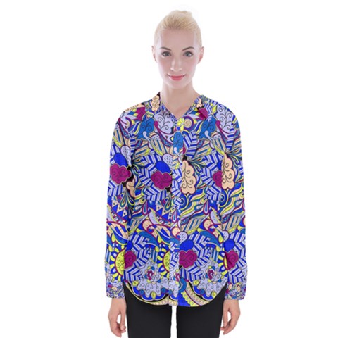 Blue Yellow Background Pattern Vector Texture Paisley Womens Long Sleeve Shirt by danenraven