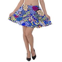 Blue Yellow Background Pattern Vector Texture Paisley Velvet Skater Skirt