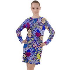 Blue Yellow Background Pattern Vector Texture Paisley Long Sleeve Hoodie Dress