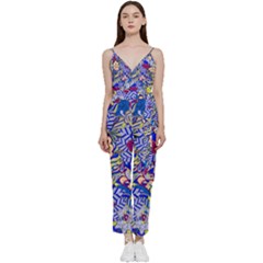 Blue Yellow Background Pattern Vector Texture Paisley V-neck Spaghetti Strap Tie Front Jumpsuit by danenraven