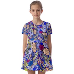 Blue Yellow Background Pattern Vector Texture Paisley Kids  Short Sleeve Pinafore Style Dress by danenraven