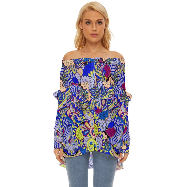 Blue Yellow Background Pattern Vector Texture Paisley Off Shoulder Chiffon Pocket Shirt