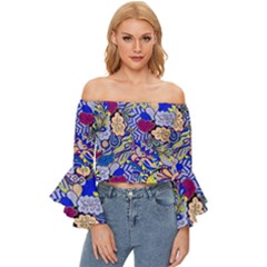 Blue Yellow Background Pattern Vector Texture Paisley Off Shoulder Flutter Bell Sleeve Top