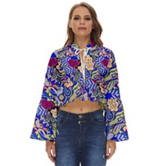 Blue Yellow Background Pattern Vector Texture Paisley Boho Long Bell Sleeve Top