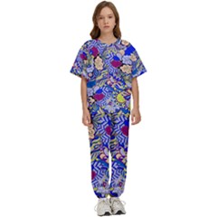 Blue Yellow Background Pattern Vector Texture Paisley Kids  Tee And Pants Sports Set by danenraven