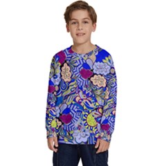 Blue Yellow Background Pattern Vector Texture Paisley Kids  Long Sleeve Jersey