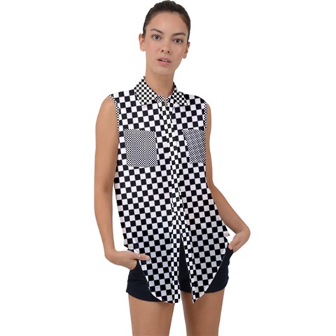 Black And White Checkerboard Background Board Checker Sleeveless Chiffon Button Shirt by Cowasu