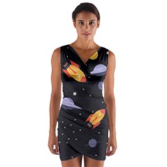 Cosmos Rockets Spaceships Ufos Wrap Front Bodycon Dress