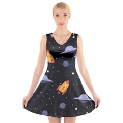 Cosmos Rockets Spaceships Ufos V-neck Sleeveless Dress by Cowasu