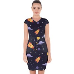 Cosmos Rockets Spaceships Ufos Capsleeve Drawstring Dress  by Cowasu