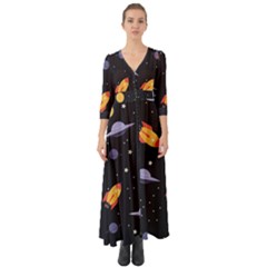 Cosmos Rockets Spaceships Ufos Button Up Boho Maxi Dress by Cowasu