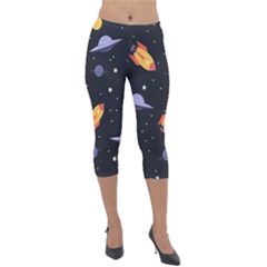 Cosmos Rockets Spaceships Ufos Lightweight Velour Capri Leggings  by Cowasu