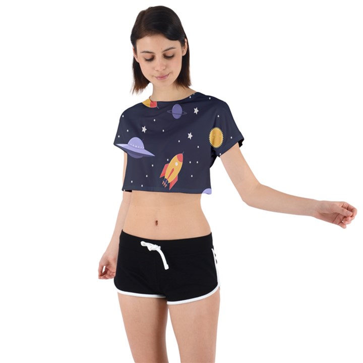 Cosmos Rockets Spaceships Ufos Tie Back Short Sleeve Crop Tee