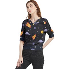 Cosmos Rockets Spaceships Ufos Quarter Sleeve Blouse